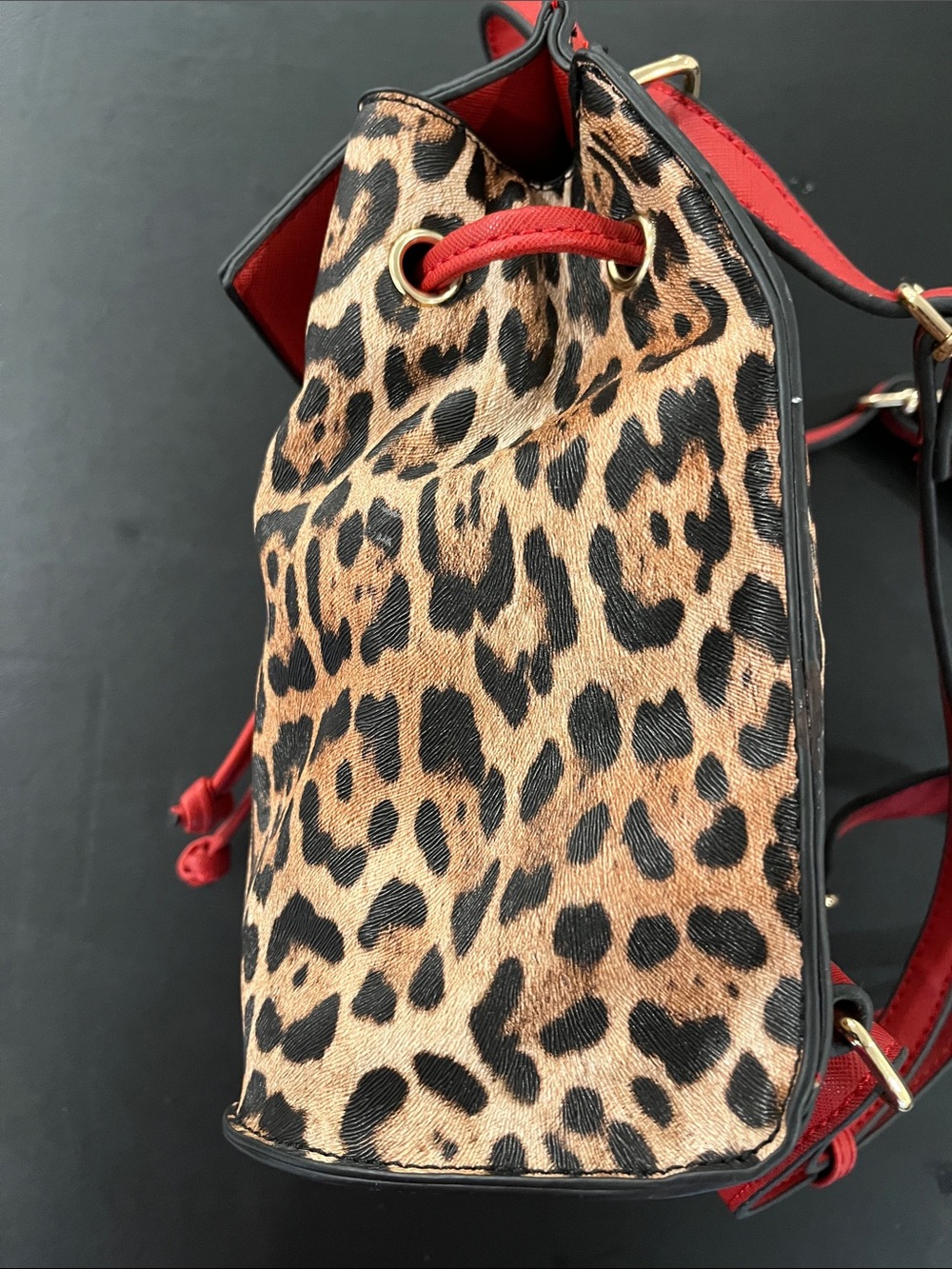 Leopard Print Drawstring Backpack with Red Trim - Picture 6 of 9